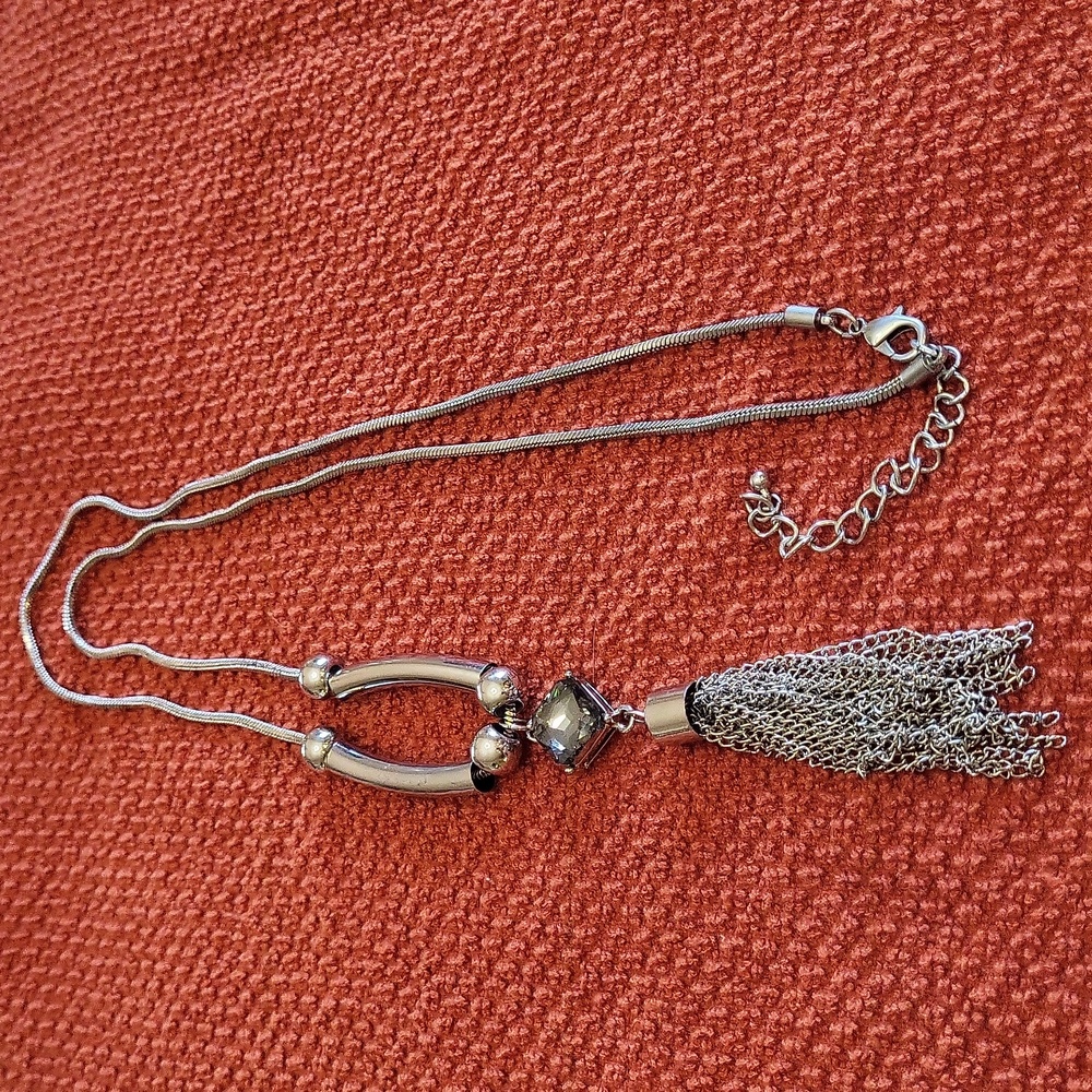 Pretty Chico's silver long necklace with tassel, rope chain, claw clasp